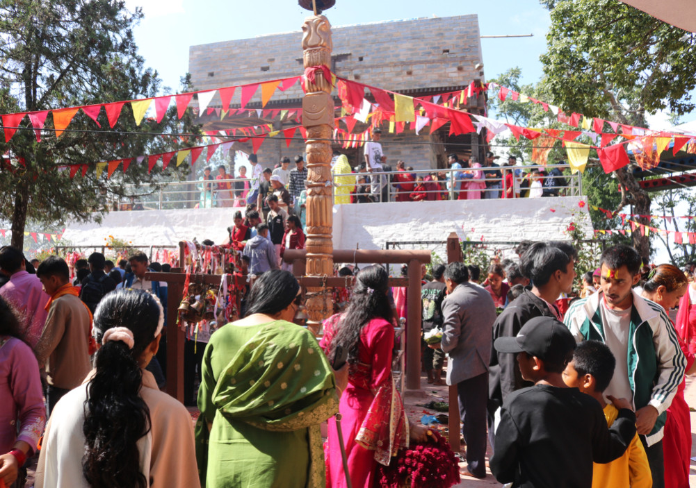 Crowd of devotees at Khairabang Bhagwati temple in Salyan