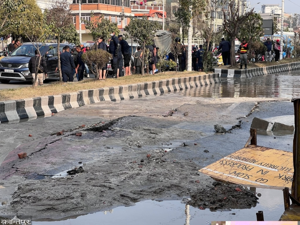After the pipe burst, the road was flooded in Babarmahal