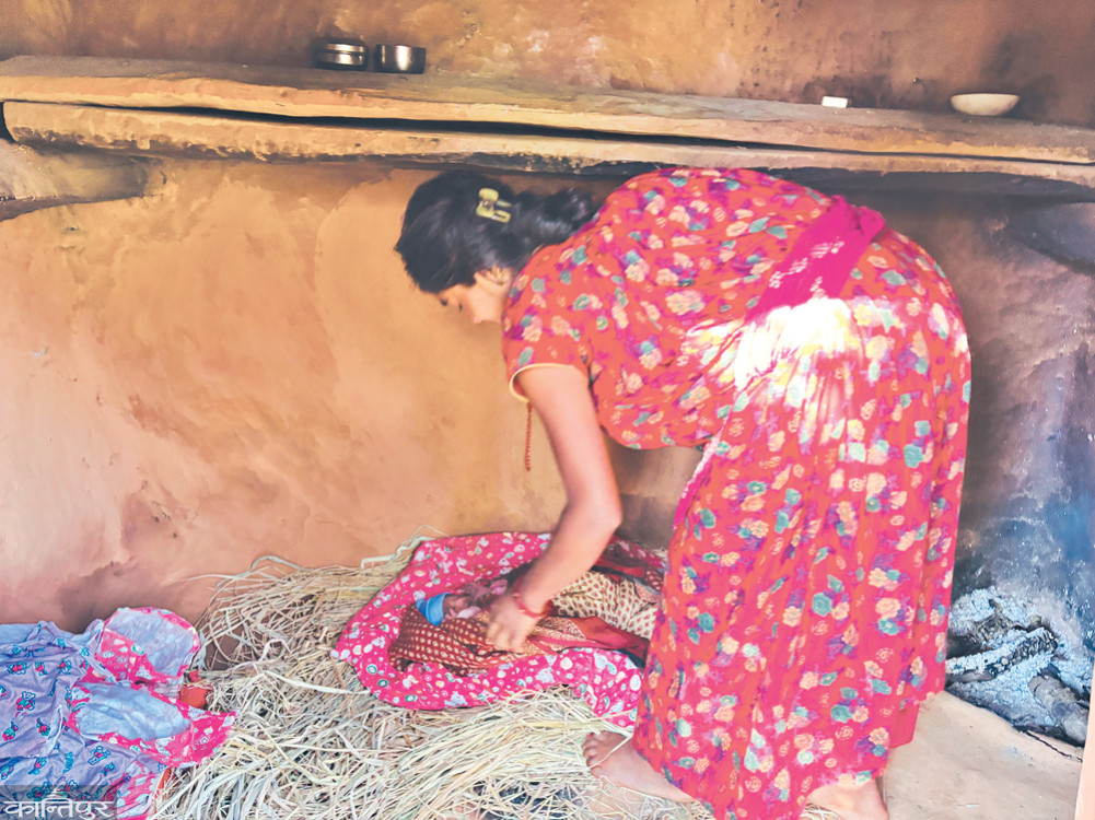 Women in villages near the district headquarters stay in a hut for 10 days