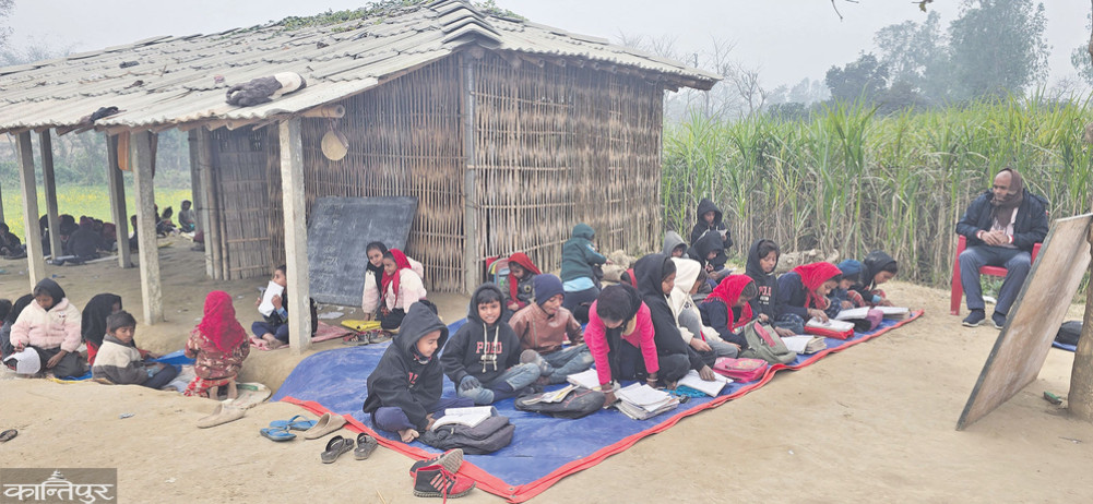 17-year-old children studying on the cold floor