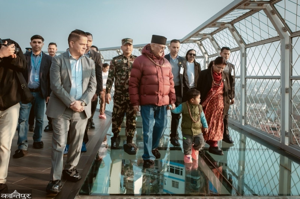 Prime Minister Oli at Skywalk Tower in Kamaladi
