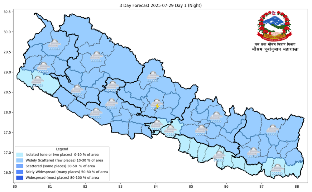Heavy rainfall occurs in the hilly areas of Gandaki