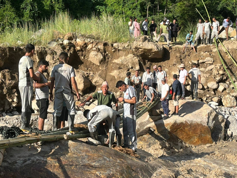 The army built a wooden bridge over the river Feme