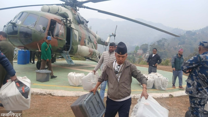 Helicopter carrying ballot boxes from North Gorkha lands in Pokhara due to bad weather