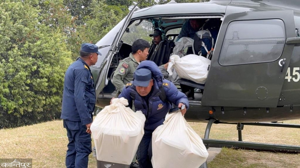Ballot boxes for 5 polling stations in Sankhuwasabha being brought by helicopter