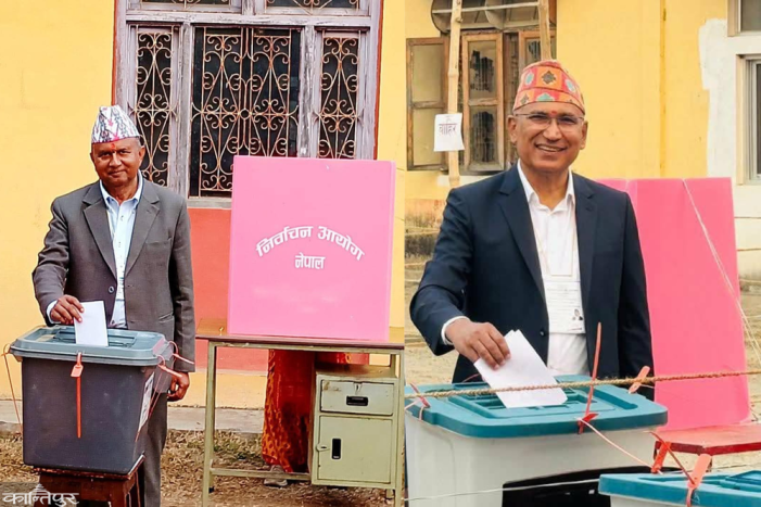 UML General Secretary Pokharel and Vice President Poudel cast their votes.