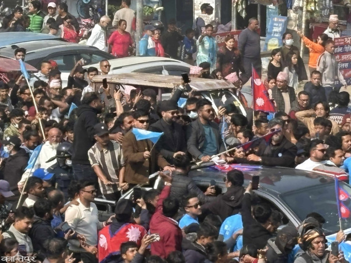 Balendra reaches Damak to register nomination amid fanfare
