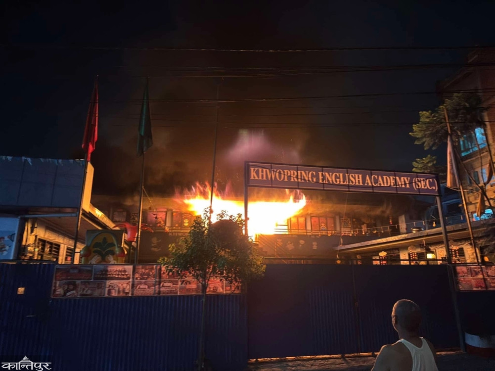 Fire breaks out at Khwpring Academy in Bhaktapur at midnight, causing extensive damage to the school's kindergarten block