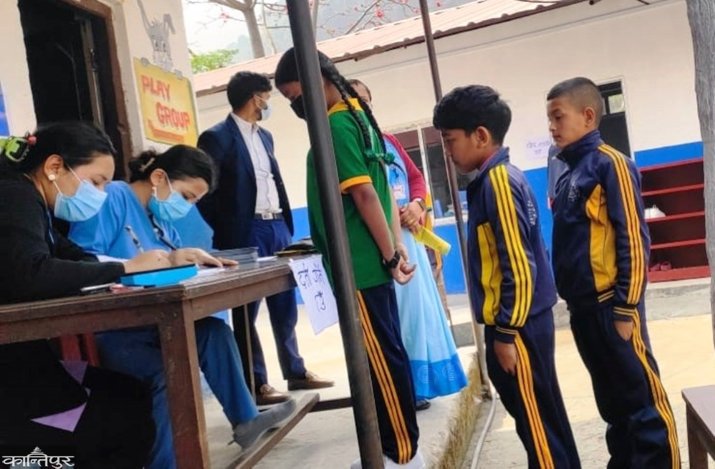 Children in Dhorpatan are being vaccinated against measles.