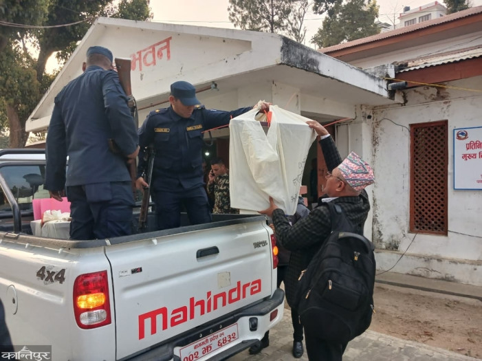 Ballot boxes from two temporary centers in Dhankuta were delivered to the counting center.
