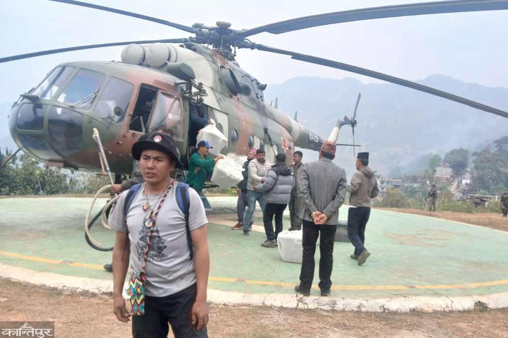 Army helicopter carrying ballot boxes from North Gorkha lands in Pokhara