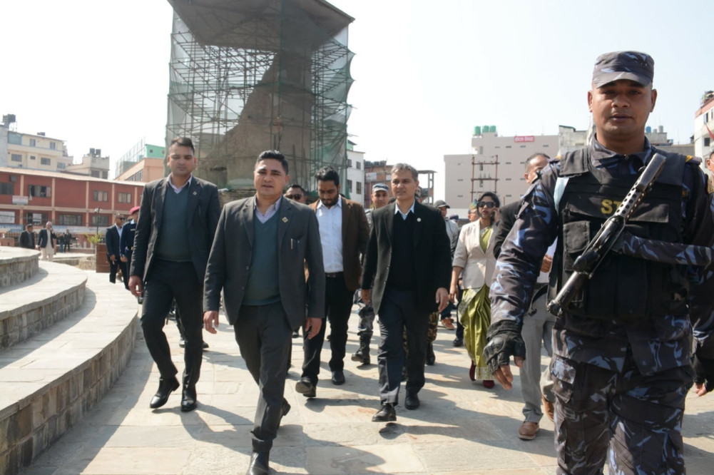 A team including the Home Minister monitors the Dharahara area.